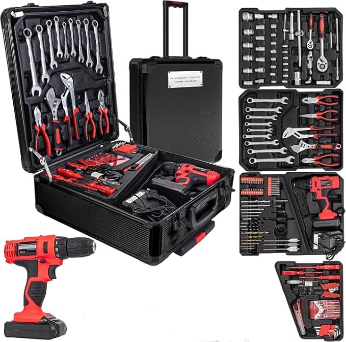 346pcs Tool Sets,18V Electric Power Drill Set, Cordless Drill for Men, Household Home DIY Hand Tool Kits,18+1 Clutch Cordless Power Drill Set for Thanksgiving, Christmas,Father's Day (Black)