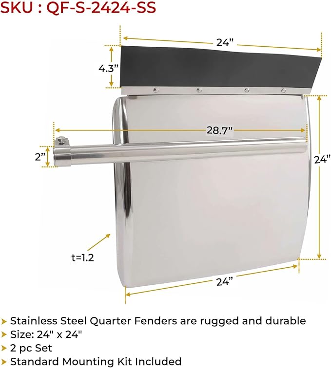 Mytee Products 24"x24" Stainless Steel Quarter Fender for Semi Truck - Mounting Tube Bracket Kit Included - Accessories for Kenworth Freightliner Peterbilt