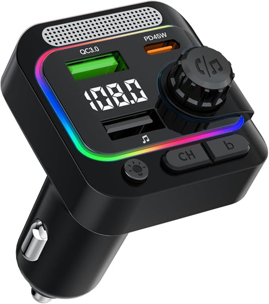 FM Transmitter Bluetooth Car Adapter - 63W Wireless Radio FM Bluetooth Transmitter with Deep Bass Player for Old Cars [PD 45W & QC3.0], Car Charger USB C Fast Charge, Hands-Free Calling, Black