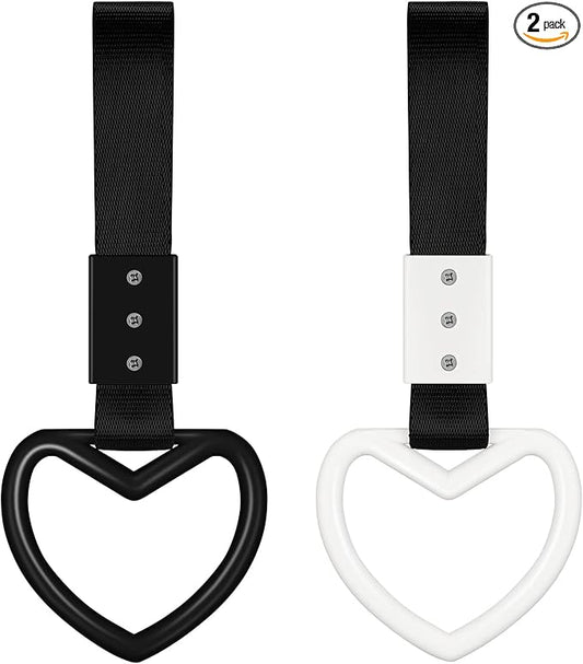2 Pieces Rings Heart Shaped Car Handle Straps Drift Charm Rear Bumper Warning Ring Decor Subway Bus Broken Heart Handle for Car Interior (Black, White)