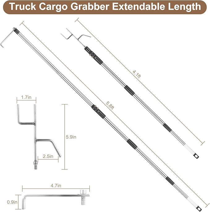 Truck Cargo Grabber, Telescoping Pickup Truck Bed Retriever Tool with Two Hooks, Extends 4.1-5.8 Ft, Non-Slip Rubber Handle, Lightweight and Durable for Easy Item Retrieval