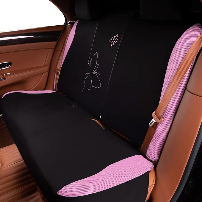 Flying Banner Butterfly car seat Covers ful Set Fashion Universal Lady Woman Female Rear Bench Split Colorized (Pink, Full Set - Lace)