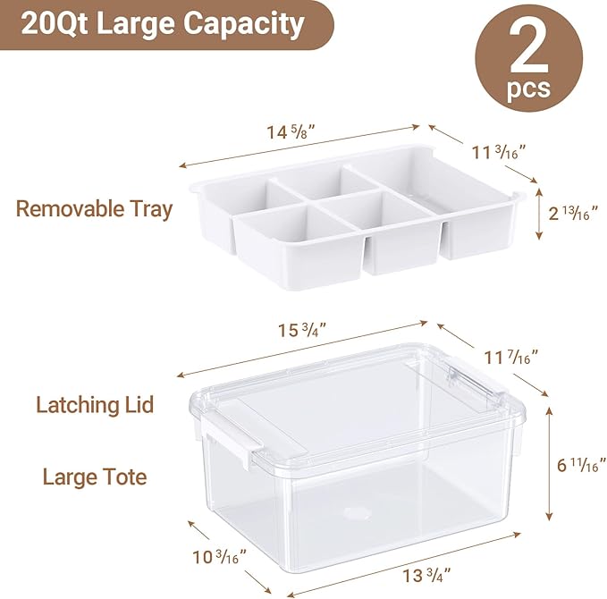 40Qt Stackable Storage Bins with Lids & Trays, Clear Plastic Latching Boxes Organizers with Dividers Portable 10Gal Containers for Arts & Crafts, Home and Car Trunk Organization, 2Pack