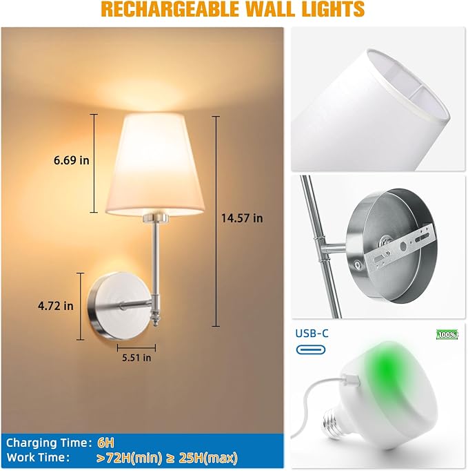 NIORSUN 14.5 inch Battery Operated Wall Sconce Set of 2,Brushed Nickel Rechargeable Wall Lights with 10400mAh Dimmable Bulbs and Remote,9 Colors Wireless Sconces for Bedroom Living Room Decor
