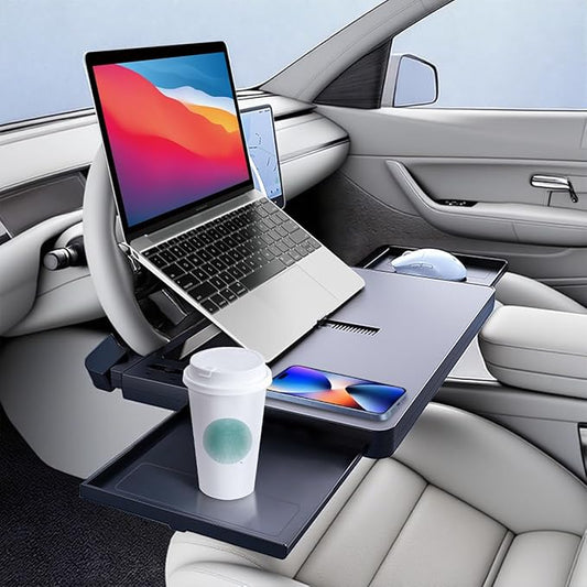 2 in 1 Large Steering Wheel Desk with Dual Slide-Out Trays, Steering Wheel Table Tray Fits for Most Cars, Adjustable Laptop Tray for Car