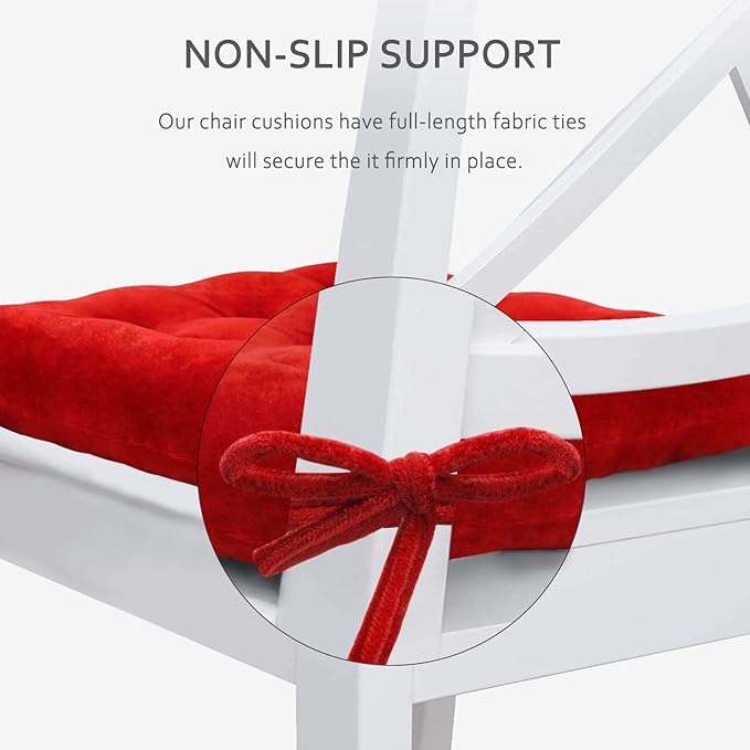 ELFJOY Set of 4 Square Chair Pads Indoor Seat Cushions Pillows with Ties Thick Soft Seat Cushion for Kitchen Dining Office Chair (18", Red)