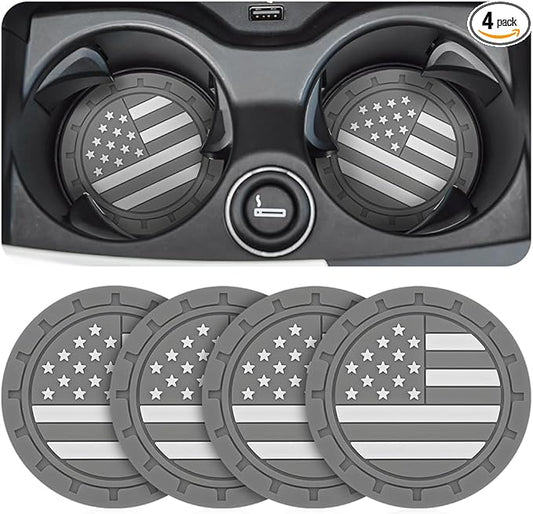 Osilly Car Cup Holder Coasters, 4 Pack American Flag Insert Car Cup Coaster, 2.75 Inch PVC Anti Slip Shockproof Embedded Drink Mat, Car Interior Decoration Accessories for SUV, Truck (Gray)