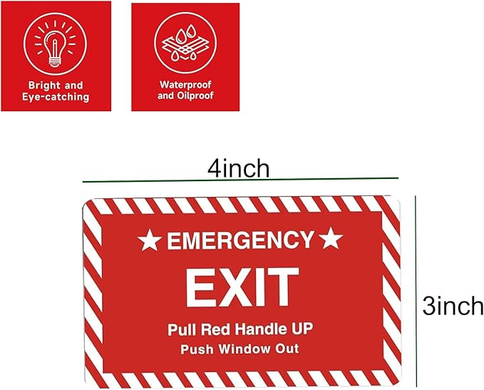 10 Pack 3X4" Car Vehicle School Bus Train Red Hanle Emergency Exit Notice Warning Caution Signs Decal Sticker-Pull Red Handle Up,Push Window Out red