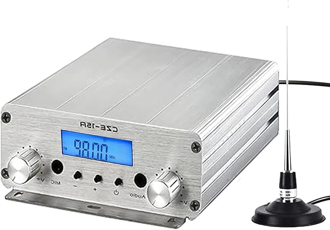 15W FM Transmitter, Long Range FM Broadcast Transmitter for Churches, Cars, Shopping Malls, Lecture Halls, Private Radio Stations with 3.5mm Mic Jack (15W)