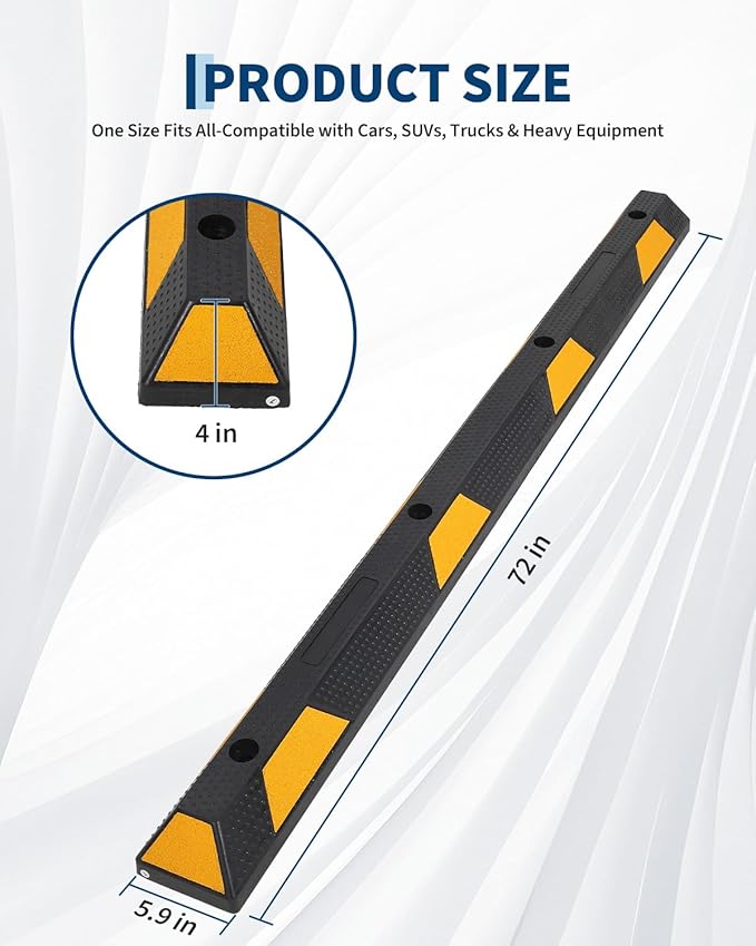 GlowSol 72 inch Rubber Parking Curb Wheel Stop 2 Pack, 6ft Heavy Duty Synthetic Rubber Speed Bump for Parking Lot Driveway, Yellow & Black - Premium 90%+ Rubber Curb with 8 Nails & Gloves