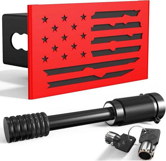 Heavy Duty Hollow Out American Flag Metal Trailer Hitch Cover for 2-inch Receiver (with 5/8-inch Pin Dia Anti-Theft Hitch Lock, Red&Black)