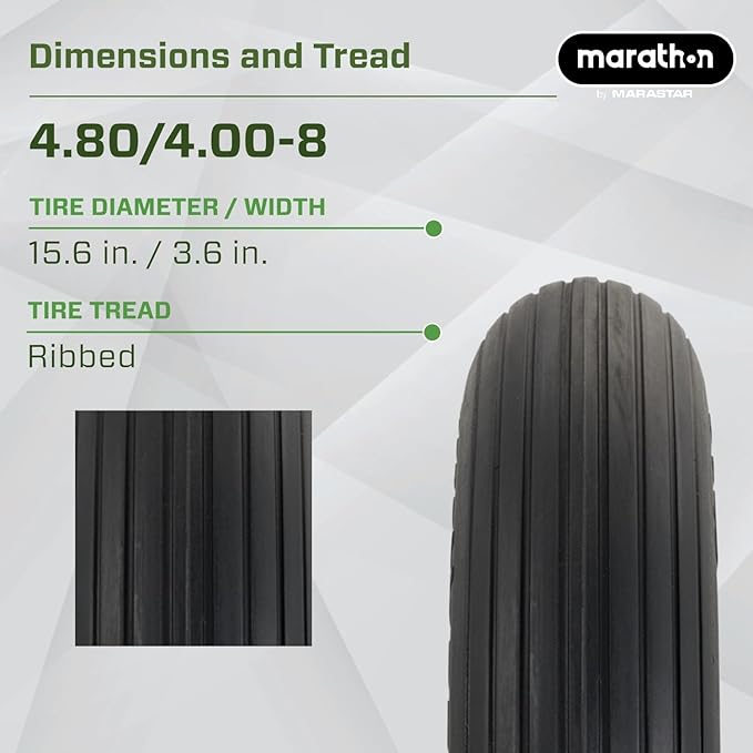 Marathon 4.80/4.00-8" Flat Free Tire on Wheel, 3" Hub, 3/4" Bearings, Ribbed Tread