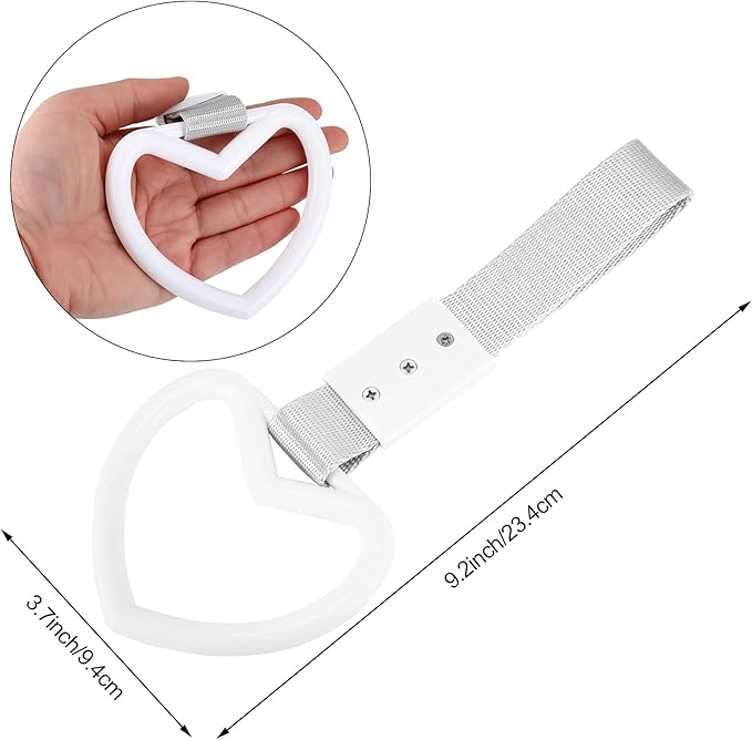 2 Pieces Rings Heart Shaped Car Handle Straps Drift Charm Rear Bumper Warning Ring Decor Subway Bus Broken Heart Handle for Car Interior(White with Silver Rope)
