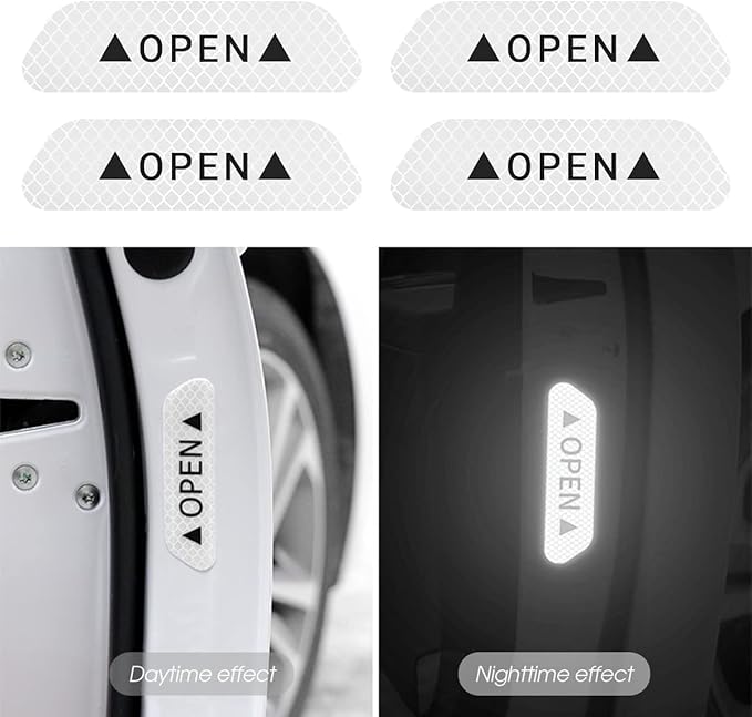 8PCS Reflective Open Warning Stickers for Car Door, Night Visibility Auto Safety Prompt Decals, Anti-Collision Protective Strip Tape, Car Accessories Universal for Truck, SUV, Van (Silver)