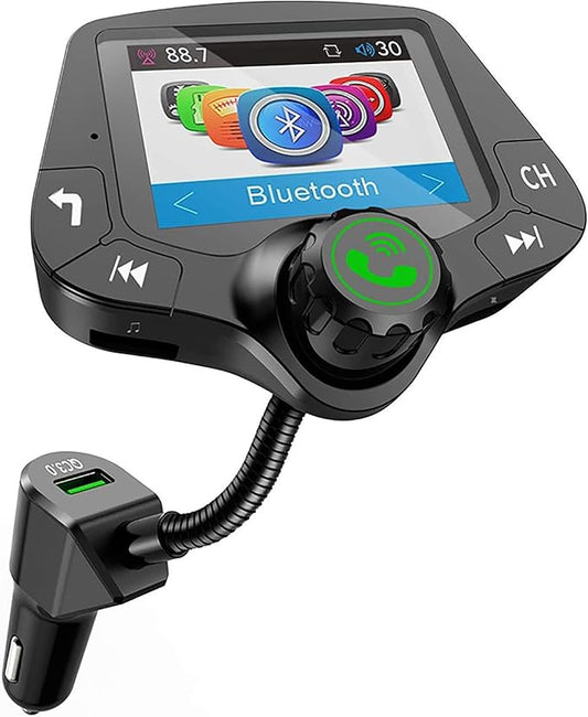 Wireless in-Car Bluetooth FM Transmitter Radio Adapter Car Kit, BT 5.0 & QC3.0 FM Transmitter for Car with 2 Inch Full Color Screen Display, 2 USB Ports, Hi-Fi Music