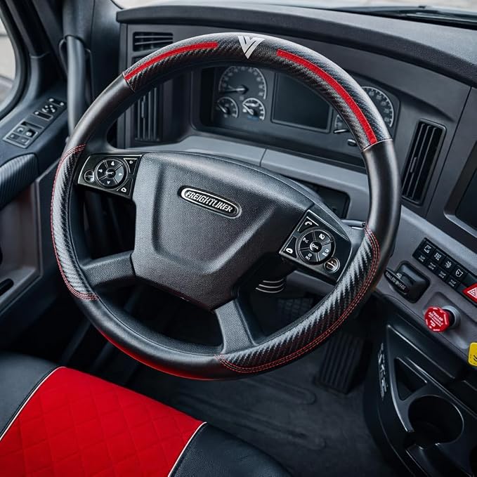 18-Inch Genuine Leather Steering Wheel Cover for Semi Trucks – Black with Red Stripes, Universal Fit Heavy-Duty Non-Slip Grip, Comfortable Control, Easy Installation