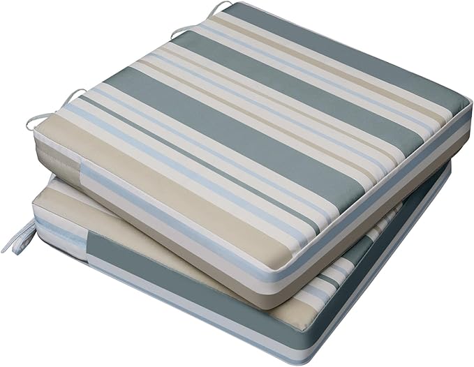 AAAAAcessories Outdoor Seat Cushions for Chairs, Waterproof, Fade-Resistant, 24" x 24" x 4", Patio Furniture Replacement Cushions, Set of 2, Slate Gray Blue Coastal Stripe