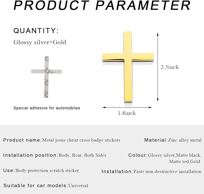 DXNQ 2PCS Metal Jesus Christ Cross Badge Stickers, 2.5"×1.8" Alloy 3D Individual Car Cross Sticker, Self Adhesive Scratch Covering Metal Cross Auto Emblem Decal for Car Body Fender Tail (Silver+Gold)