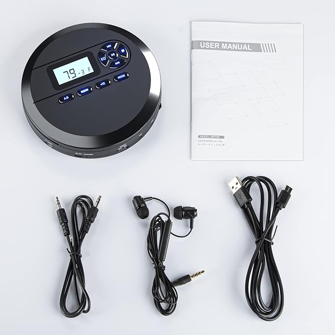 DESOBRY CD Player Portable with Speakers & FM Transmitter, Rechargeable Compact CD Player for Car Built-in 2000mAh Battery, LCD Screen, Earphones, AUX Cord