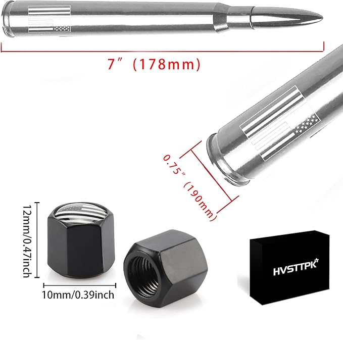Truck Bullet Antenna with Valve Stem Caps for GM Chevy Silverado 1500 2500 3500 HD Avalanche Ford F Series F150 F250 GMC Sierra 1500 2500 3500 Denali Heavy Truck Accessories (Chrome)- 7inch