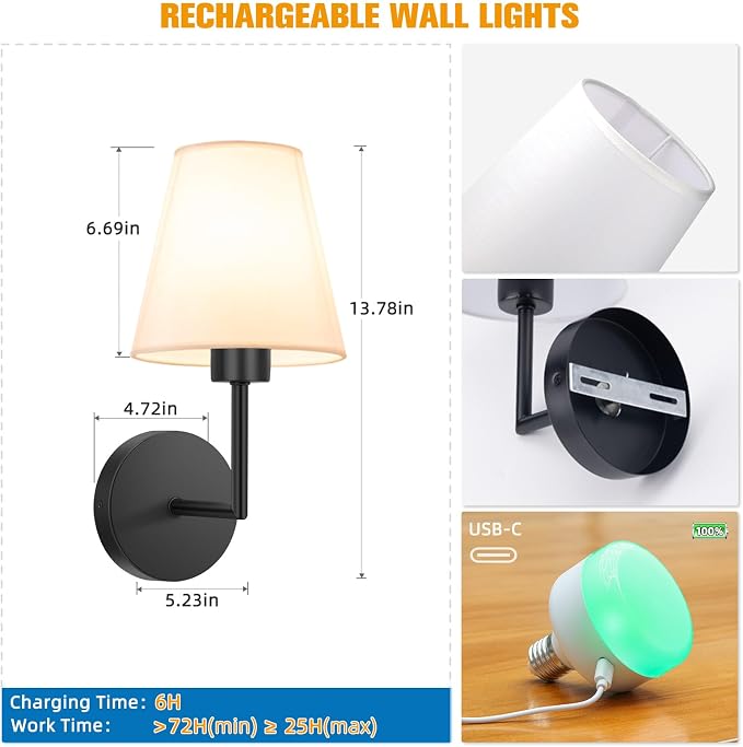 NIORSUN 13.8 inch Battery Operated Wall Sconce Set of 2,Black Rechargeable Wall Lights with 10400mAh Dimmable Detachable Bulbs and Remote,9 Colors Wireless Sconces for Bedroom Living Room Hallway