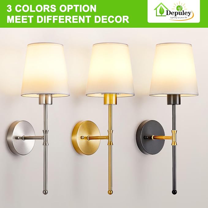 Depuley Battery Operated Wall Sconce: Set of 2 19.99" Wireless Wall Lights with Remote for Bedroom - Rechargeable 15 Colors Black and Gold Wall Lamp for Living Room Hallway Decor