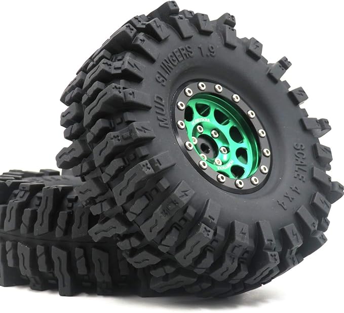 HOBBYSOUL RC 1.9 Mud Slingers Tires Soft Sticky Tyre 120mm & 1.9 Beadlock Wheel Green Black For 1/10 Rock Crawler Axial SCX10 Capra Traxxas TRX4 Redcat Gen8, (4-Pack)