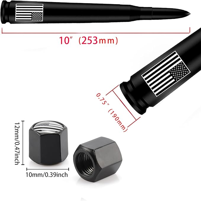 Car Bullet Antenna with Valve Stem Caps for GM Chevy Silverado 1500 2500 3500 HD Avalanche Ford F Series F150 F250 GMC Sierra 1500 2500 3500 Denali Heavy Truck Accessories (Black)-10inch- America Flag