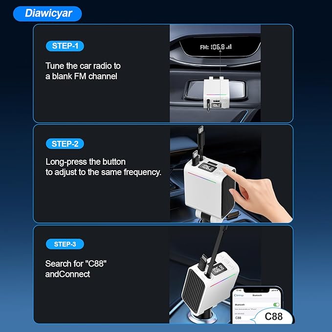 FM Transmitter Bluetooth Car Adapter - 45W Retractable Car Charger [PD 30W & QC3.0] Wireless Radio FM Bluetooth Transmitter for Old Cars, Hands-Free Calling, White