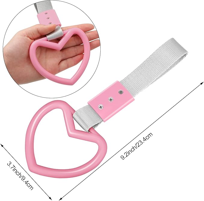 2 Pieces Rings Heart Shaped Car Handle Straps Drift Charm Rear Bumper Warning Ring Decor Subway Bus Broken Heart Handle for Car Interior (Pink with Silver Rope)