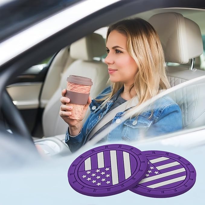 Osilly Car Cup Holder Coasters, 4 Pack American Flag Insert Car Cup Coaster, 2.75 Inch PVC Anti Slip Shockproof Embedded Drink Mat, Car Interior Decoration Accessories for SUV, Truck(Dark Purple)