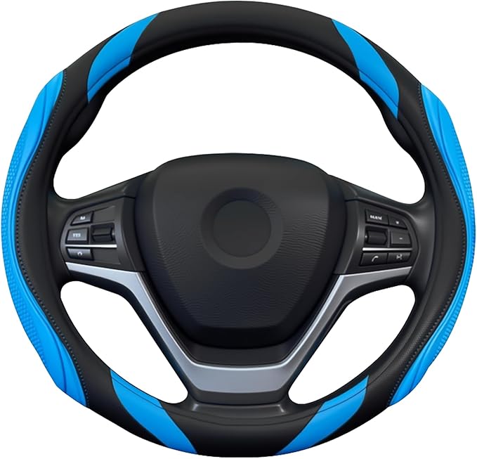 Concave Convex Massage Black Blue Microfiber Leather Steering Wheel Cover, 14.5-15 Inch Non-Slip Breathable Microfiber Car Steering Wheel Protector