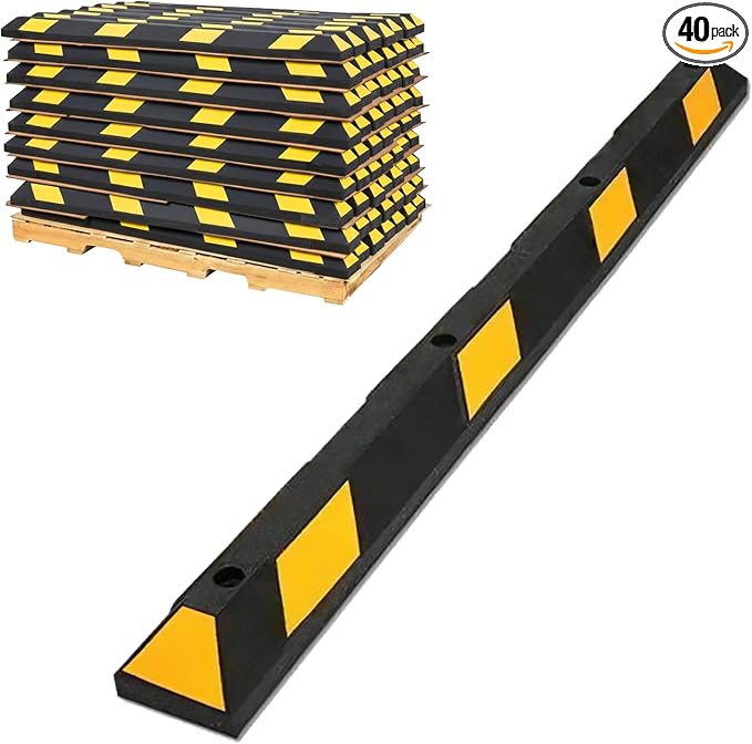 Parking Stopper for Garage or Parking lot – 72” Long, Pack of 40, Bulk Wholesale Pallet, Rubber Bumper Block Car Wheel Stop, Yellow & Black Tire Curb Barrier