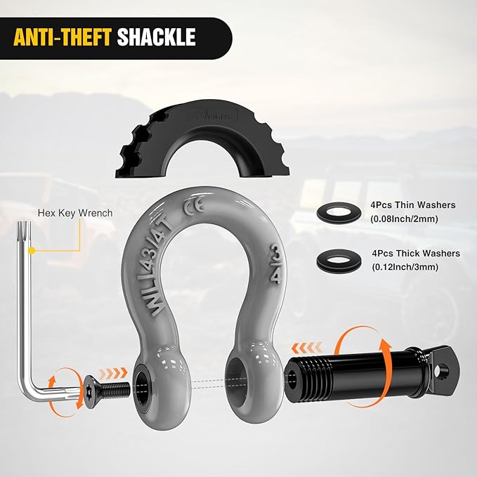 Nilight 3/4 inch D Ring Shackle 2 Pack 19T (41,887 lbs) Break Strength 4.75T WLL Heavy Duty Towing Hook with Anti-Theft System Anti-Rattle Isolators for Truck Jeep SUV ATV UTV Recovery Grey