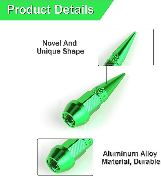 SINGARO 45mm Spiked Aluminum Stem Valve Caps, 4PCS Dustproof Tire Wheel Stem Caps for Cars, SUVs, Trucks Bicycles and Motorcycles(Green)