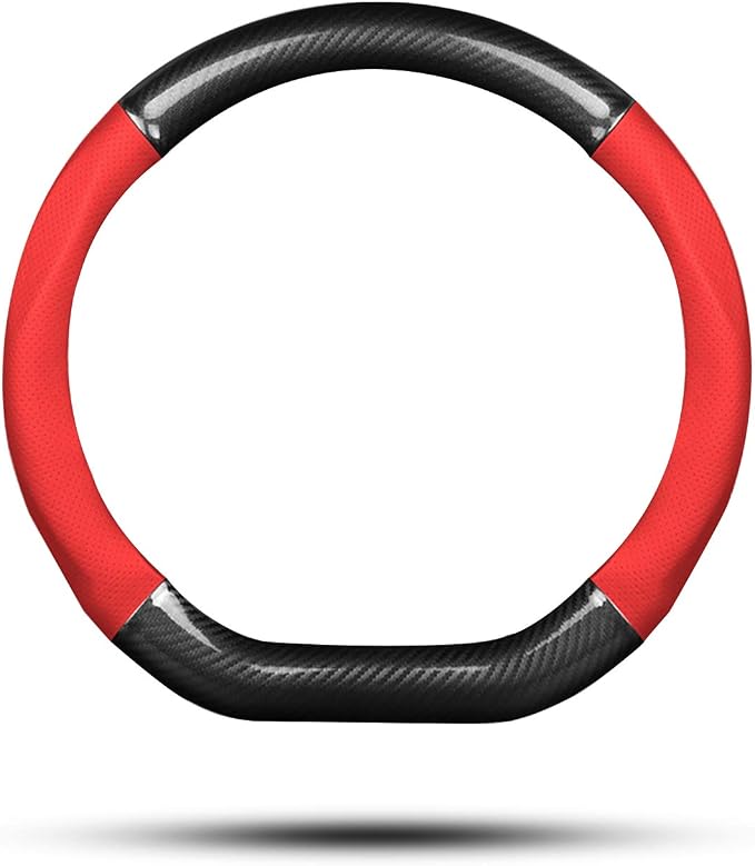 Ergocar Car Steering Wheel Cover Non-Slip Car Steering Wheel Protector Sport D-Shape Carbon Fiber & PU Leather Universal for Diameter 38cm(15") (Black-red)