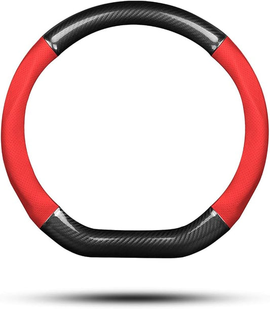 Ergocar Car Steering Wheel Cover Non-Slip Car Steering Wheel Protector Sport D-Shape Carbon Fiber & PU Leather Universal for Diameter 38cm(15") (Black-red)