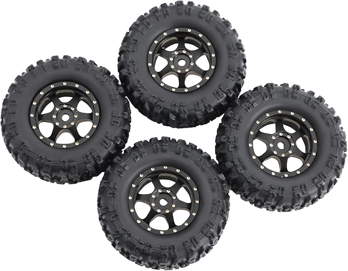 4pcs SCX30 Brass Offset 0.7'' Wheels Set with Rubber Tires Sponge Insert for AXIAL SCX30 Ford Bronco JEEP WRANGLER JLU RC Crawler Upgrade Part ﻿ (Black 6-hole set)