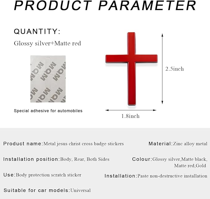 DXNQ 2PCS Metal Jesus Christ Cross Badge Stickers, 2.5"×1.8" Alloy 3D Individual Car Cross Sticker, Self Adhesive Scratch Covering Metal Cross Auto Emblem Decal for Car Body Fender Tail (Silver+Red)