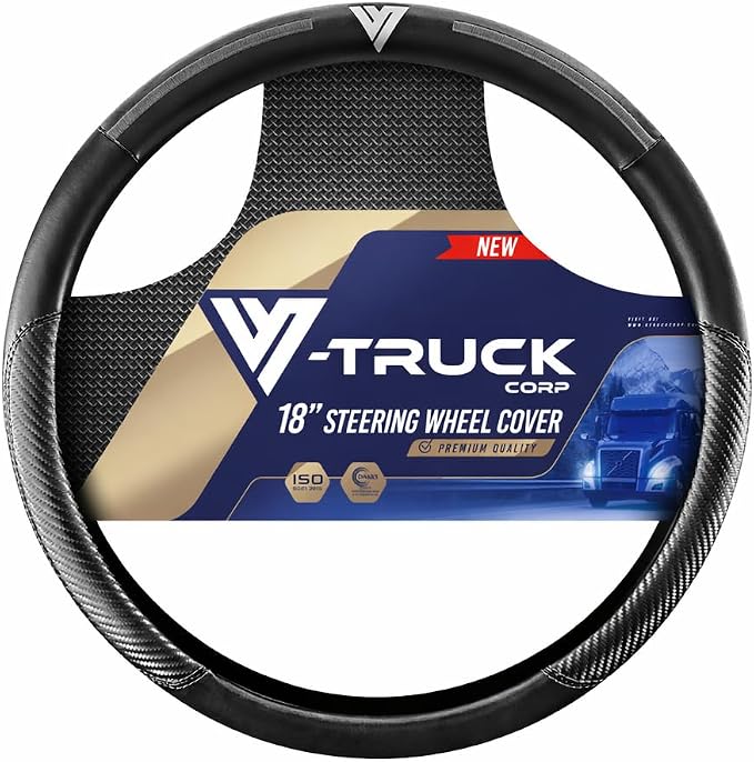 18-Inch Genuine Leather Steering Wheel Cover for Semi Trucks – Black with Grey Stripes, Universal Fit Heavy-Duty Non-Slip Grip, Comfortable Control, Easy Installation