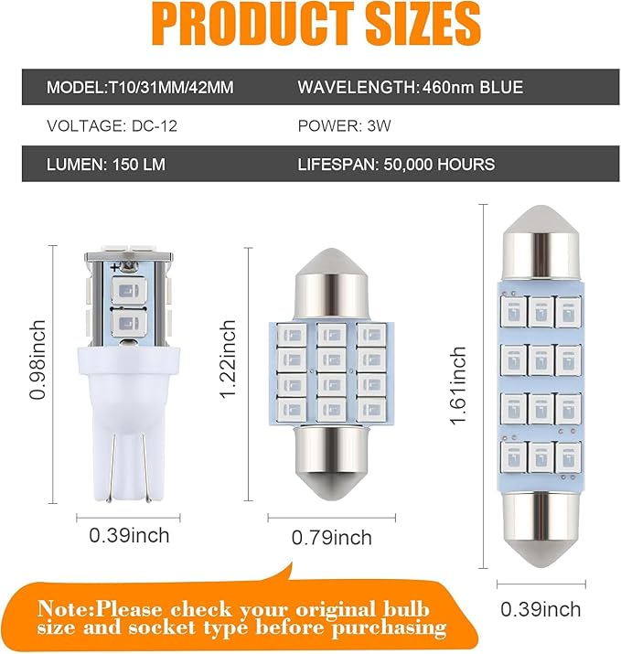 iFunyLED 24 Pieces Dome Light LED Car Interior Bulb Kit Set 194 T10 DE3175 578 31mm 42mm Bulbs Interior Replacement Lights for Car Map License Plate Door Side Marker Cornering Trunk Light - Blue