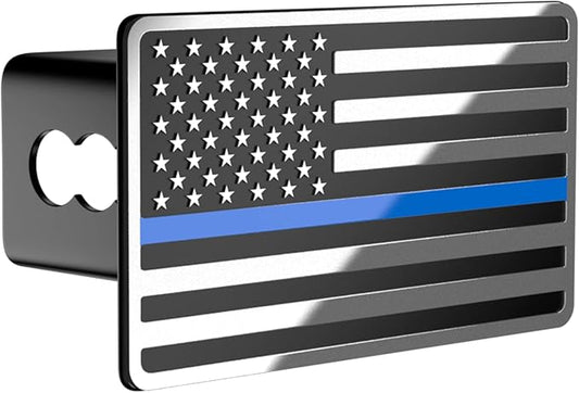 Chrome Line American Flag Metal Trailer Hitch Cover for 2" inch Receivers, Tow Hitch Cover for Trucks Cars SUV (Chrome with Blue Line)