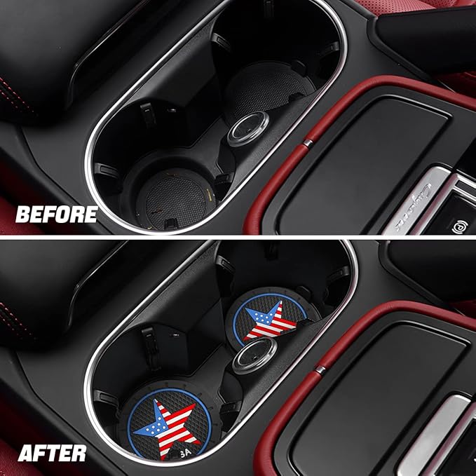 AUCELI 2 Pack Car Cup Holder Coasters, Colored American Flag US Flag Insert Car Cup Coaster, 2.75 Inch Anti Slip Shockproof Embedded Drink Mat, Vehicle Interior Decor Accessories