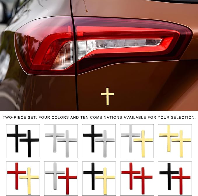 DXNQ 2PCS Metal Jesus Christ Cross Badge Stickers, 2.5"×1.8" Alloy 3D Individual Car Cross Sticker, Self Adhesive Scratch Covering Cross Emblem Decal for Car Body Fender Tail (Golden+Golden)