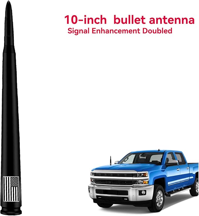 Car Bullet Antenna with Valve Stem Caps for GM Chevy Silverado 1500 2500 3500 HD Avalanche Ford F Series F150 F250 GMC Sierra 1500 2500 3500 Denali Heavy Truck Accessories (Black)-10inch- America Flag
