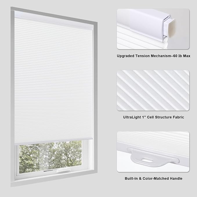 Tonature No Drill Cellular Shades for Indoor Windows, Thermal Insulating & Noise Reducing Honeycomb Blinds, Cordless Free Stop Blinds Light Filtering, White, 20 1/2" W x 64" H