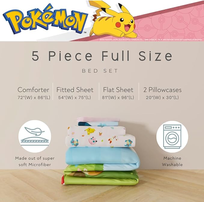 Pokemon Bedding Super Soft Comforter and Sheet Set with Sham, 5 Piece Full Size, Featuring Snorlax, Pikachu, Eevee & Jigglypuff (Officially Licensed Product) by Franco