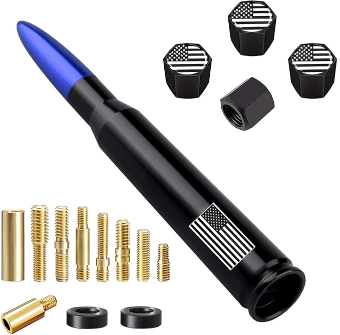 Car Truck Bullet Antenna with Valve Stem Caps, Universal Antenna Mast for GM Chevy Silverado 1500 2500 3500 HD Avalanche Ford F150 F250 F350 Denali Heavy Duty Pickup Trucks Accessories (Blue)