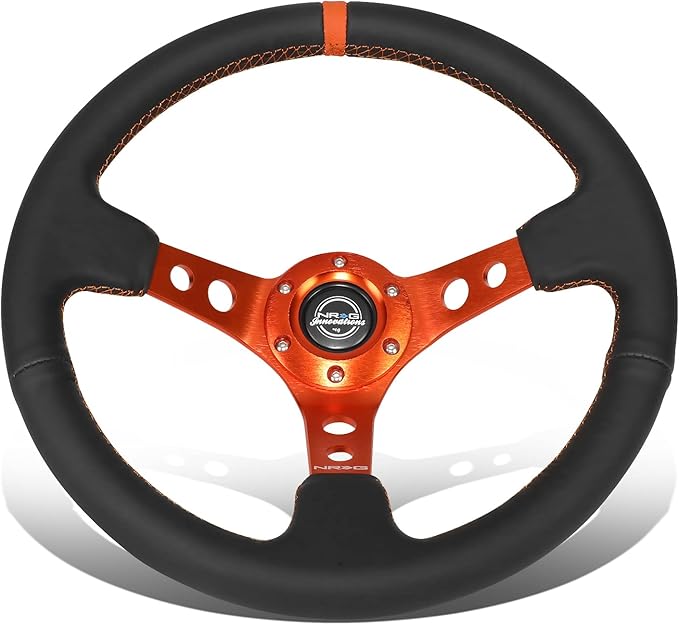 NRG Innovations NRG-RST-006OR Reinforced Steering Wheel 350MM Sport Steering Wheel, Black Leather Orange Center Mark with Orange Stitching and Orange Center Spoke