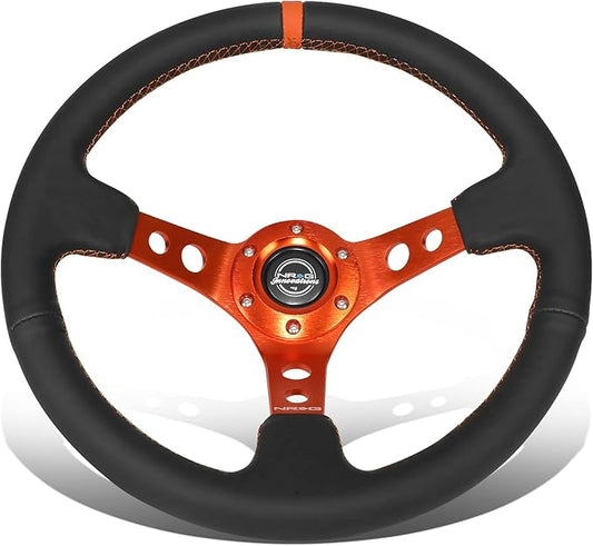 NRG Innovations NRG-RST-006OR Reinforced Steering Wheel 350MM Sport Steering Wheel, Black Leather Orange Center Mark with Orange Stitching and Orange Center Spoke